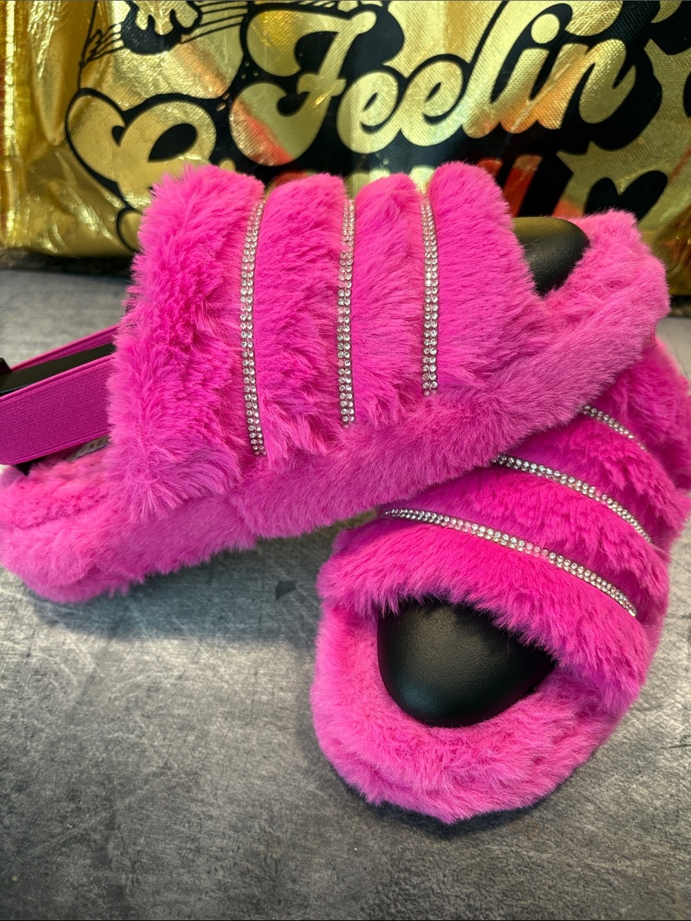 Plush Hot Pink Rhinestone-Trim Slip-On Slippers